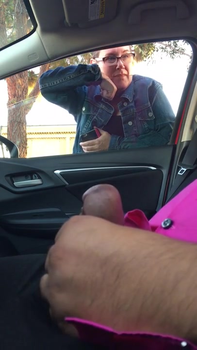 Old lady watching a guy dick flashing in car and jerking off